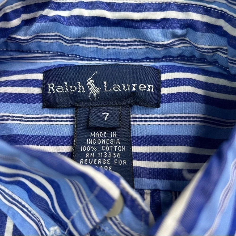 Ralph Lauren Shirt Boys 7 Long Sleeve Button Up Blue White Stripes Pony Classic